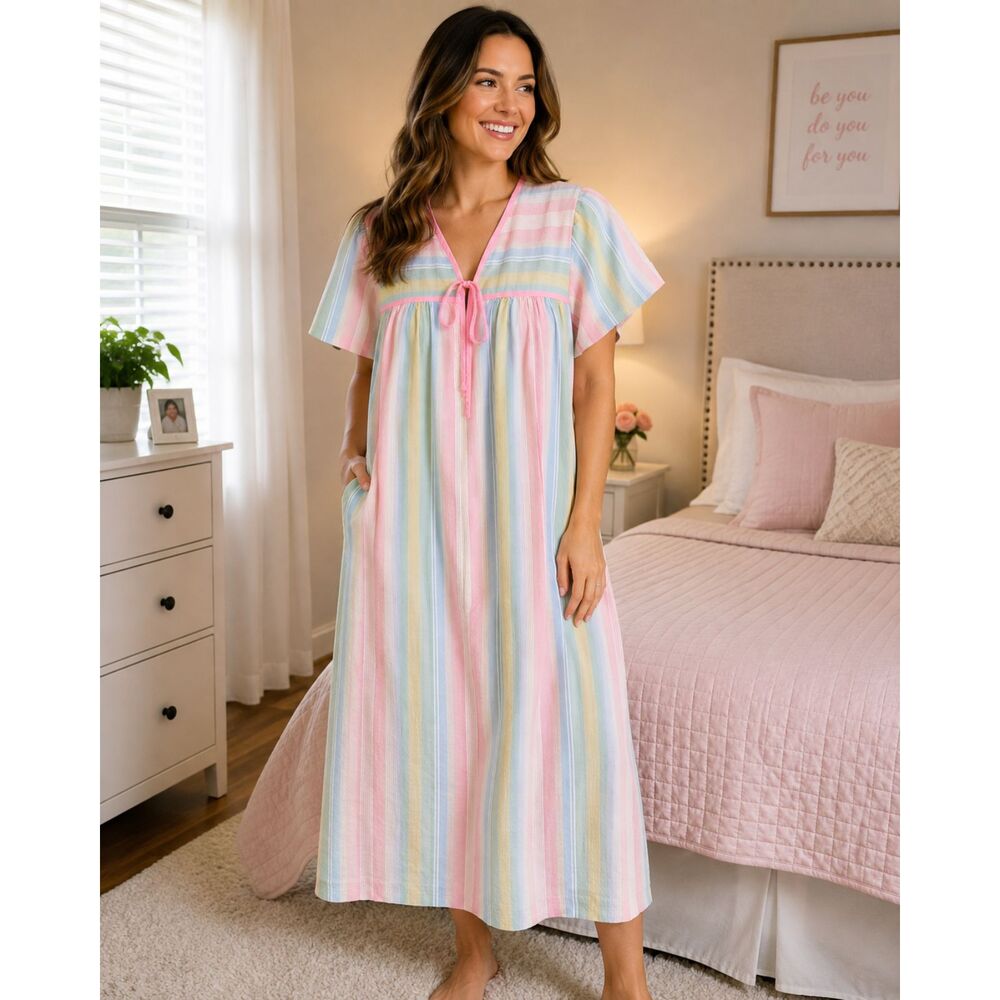 Vintage Katy Womens Size Small Nightgown Pastel Striped Maxi House Dress USA